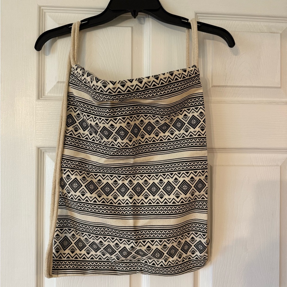 Geometric Patterned Black and Cream Canvas drawstring backpack
